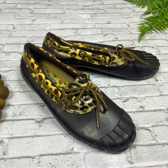 Sperry Top Sider Women’s Top Sider Short Rubber Rain Boots 6.5 Leopard Print Y2K - Picture 1 of 8